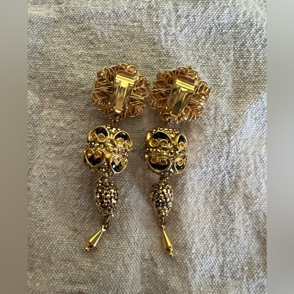 Vintage 90s Neiman Marcus Black and Gold Crystal Drop Clip On Earrings - Picture 5 of 5